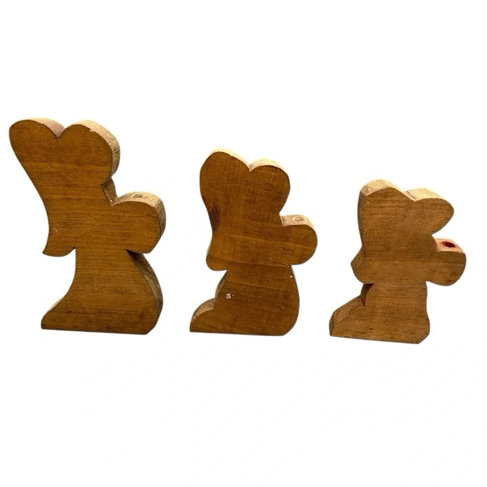 Vintage Wooden Angel Candle Holder Set – Rustic Primitive Decor – Set of 3